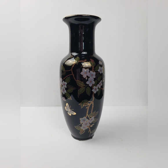 Ceramic Japanese Vase with black glaze, Gold Rim with flowers and butterflies. - Picture 1 of 9